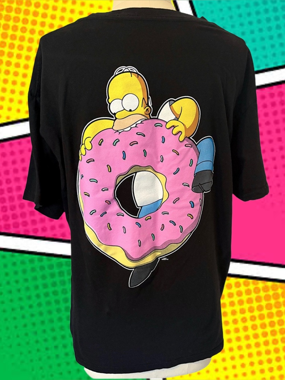 Homer Simpson Double Sided Black Graphic Tee with Pink Donut The Simpsons Large